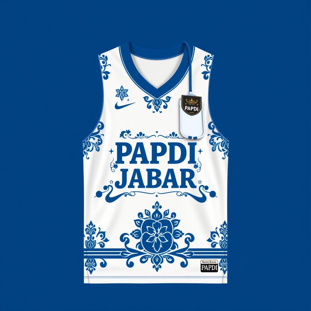A basketball jersey designed in white fabric with a blue motif, featuring ornamental patterns and a medical stethoscope integrated into the design