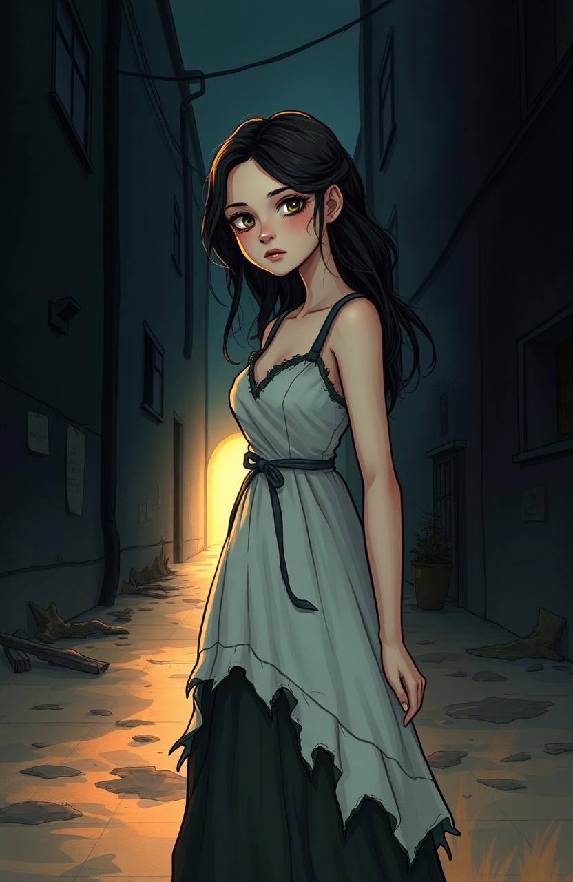 A poignant illustration of a young woman standing at a crossroads, reflecting her journey from a troubled upbringing