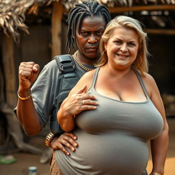 In an African village setting, a fierce-looking 50-year-old African woman with dark skin and a malnourished appearance stands out