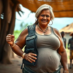 In an African village setting, a fierce-looking 50-year-old African woman with dark skin and a malnourished appearance stands out