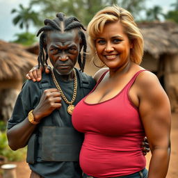 In an African village setting, a fierce-looking 50-year-old African woman with dark skin and a malnourished appearance stands out
