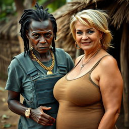 In an African village setting, a fierce-looking 50-year-old African woman with dark skin and a malnourished appearance stands out