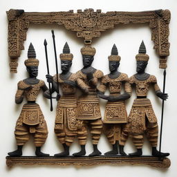 A striking wall decoration of the 'Pandawa Lima', the five Pandava brothers from Javanese 'wayang kulit' (shadow puppetry), showcasing its traditional craftsmanship and storytelling.