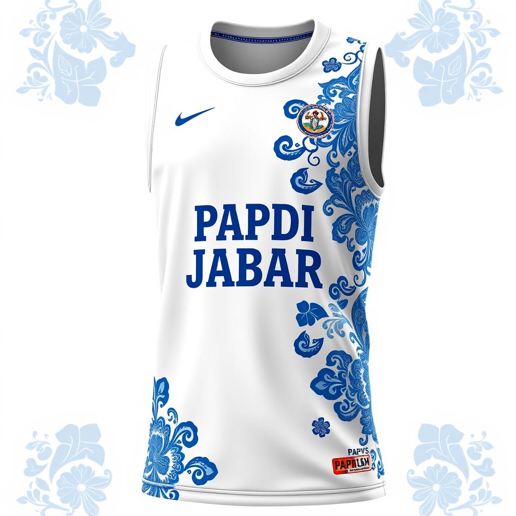 A unique basketball jersey designed in white, featuring intricate blue motifs that incorporate batik patterns