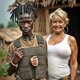 In an African village setting, a fierce-looking 25-year-old African woman with very dark skin and a malnourished appearance stands out