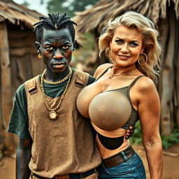 In an African village setting, a fierce-looking 25-year-old African woman with very dark skin and a malnourished appearance stands out