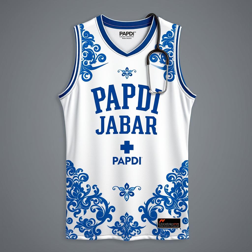 A stylish white basketball jersey featuring a blue motif and intricate ornaments