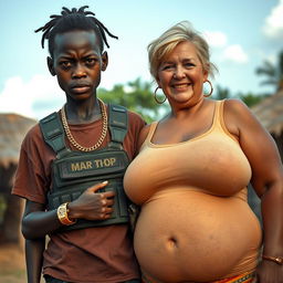 In an African village setting, a fierce-looking 20-year-old African woman with dark skin and a malnourished appearance stands out