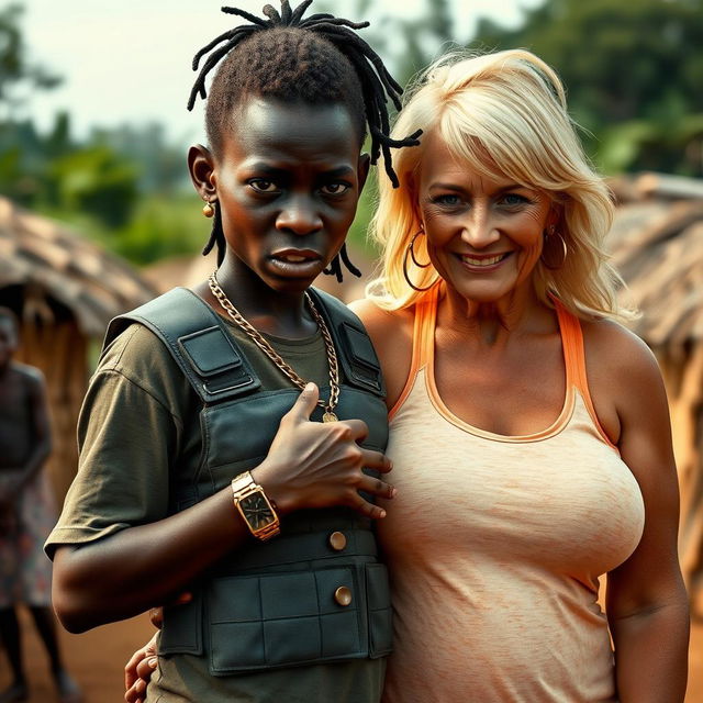 In an African village setting, a fierce-looking 20-year-old African woman with dark skin and a malnourished appearance stands out