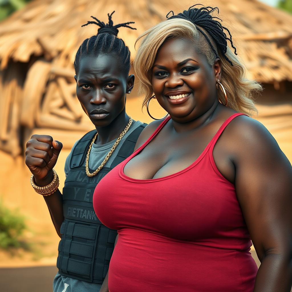 In an African village setting, a fierce-looking 20-year-old African woman with dark skin and a malnourished appearance stands out