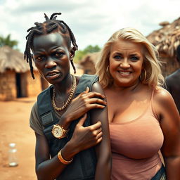 In an African village setting, a fierce-looking 20-year-old African woman with very dark skin and a malnourished appearance stands out