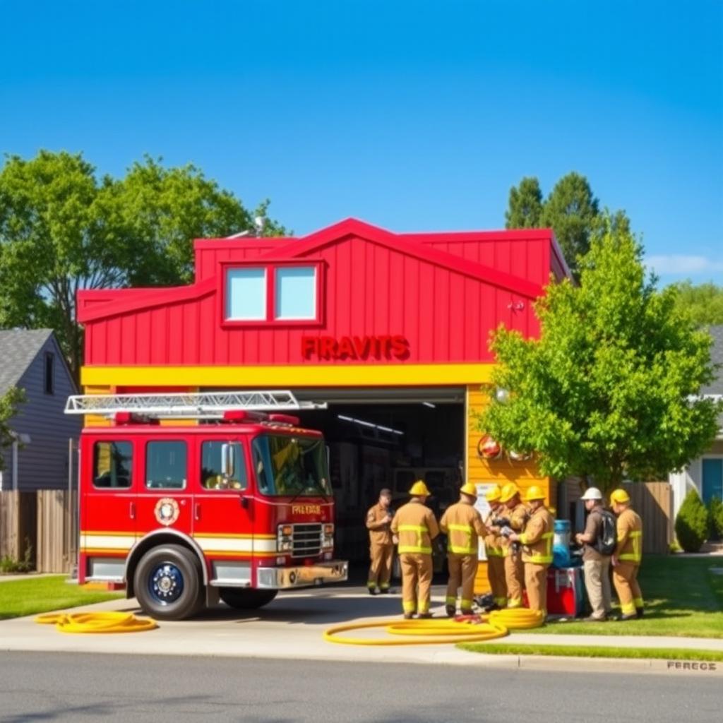 A vibrant scene of a fire station, showcasing a large red fire truck parked outside, the building adorned with bright red and yellow colors, with a clear blue sky in the background