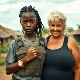 In an African village, a short, malnourished 20-year-old African woman with dark skin and an intimidating expression is depicted