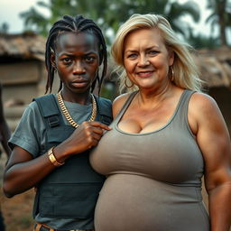 In an African village, a short, malnourished 20-year-old African woman with dark skin and an intimidating expression is depicted