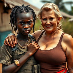 In an African village, a short, malnourished 20-year-old African woman with dark skin and an intimidating expression is depicted