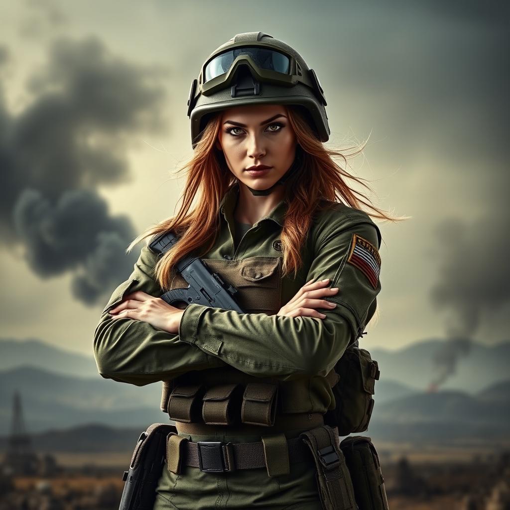A fierce female soldier standing confidently with her arms crossed, wearing tactical military gear and a helmet, with a determined expression on her face