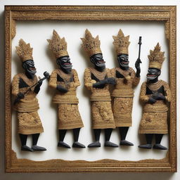 A striking wall decoration of the 'Pandawa Lima', the five Pandava brothers from Javanese 'wayang kulit' (shadow puppetry), showcasing its traditional craftsmanship and storytelling.