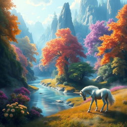 A vibrant fantasy landscape featuring a majestic, enchanted forest filled with towering, ancient trees, their leaves shimmering in a variety of colors—emerald greens, fiery oranges, and deep purples