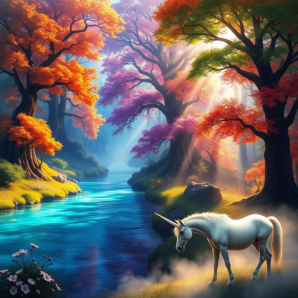 A vibrant fantasy landscape featuring a majestic, enchanted forest filled with towering, ancient trees, their leaves shimmering in a variety of colors—emerald greens, fiery oranges, and deep purples