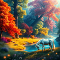 A vibrant fantasy landscape featuring a majestic, enchanted forest filled with towering, ancient trees, their leaves shimmering in a variety of colors—emerald greens, fiery oranges, and deep purples
