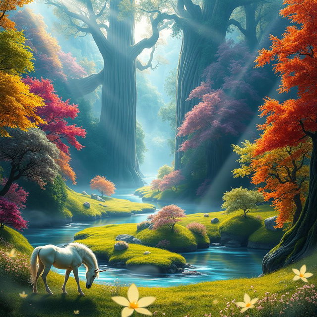 A vibrant fantasy landscape featuring a majestic, enchanted forest filled with towering, ancient trees, their leaves shimmering in a variety of colors—emerald greens, fiery oranges, and deep purples