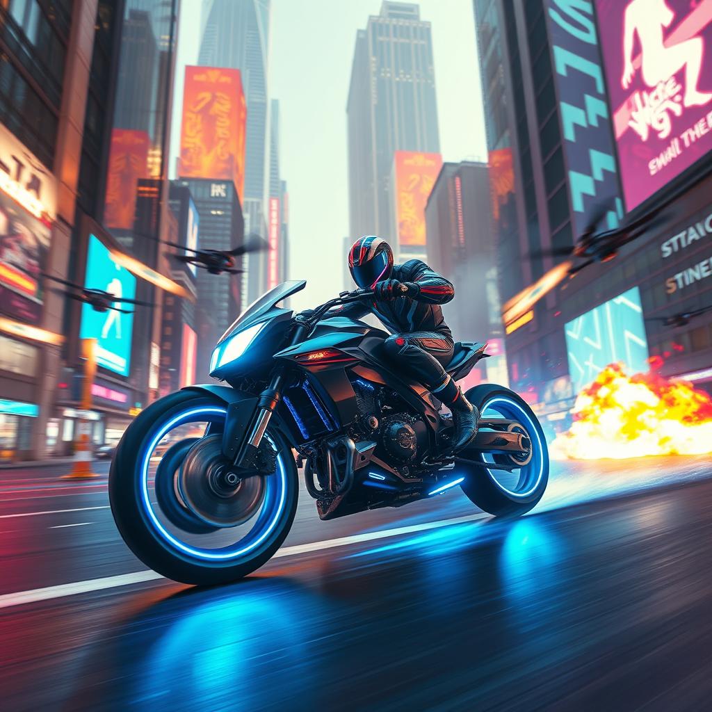 A futuristic cyberpunk chase in a neon city