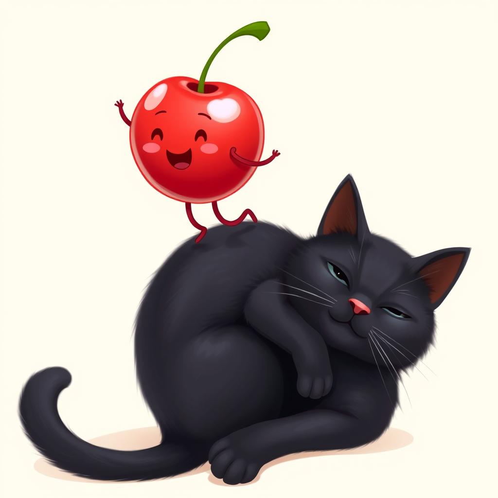 A whimsical scene featuring a bright red cherry character with a cute, cheerful face and limbs, playfully walking on the back of a sleek black cat with shiny fur