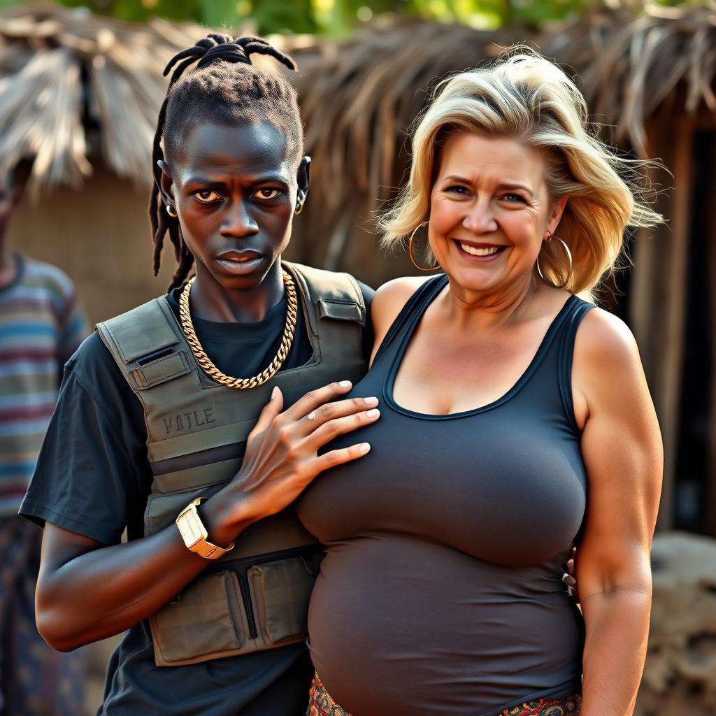In an African village, a fierce-looking 20-year-old African woman with very dark skin and a malnourished appearance stands out, displaying a commanding presence