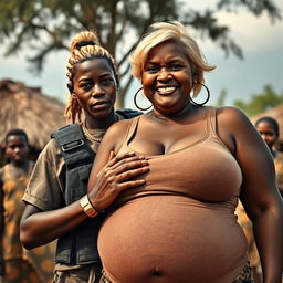In an African village, a fierce-looking 20-year-old African woman with very dark skin and a malnourished appearance stands out, displaying a commanding presence