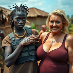 In an African village, a fierce-looking 20-year-old African woman with very dark skin and a malnourished appearance stands out, displaying a commanding presence