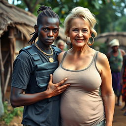 In an African village, a fierce-looking 20-year-old African woman with very dark skin and a malnourished appearance stands out, displaying a commanding presence