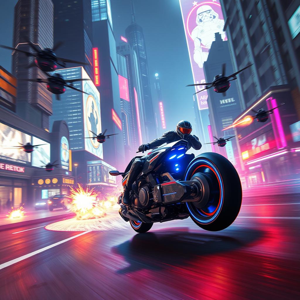 A futuristic cyberpunk chase in a neon city, in the style of Star Wars