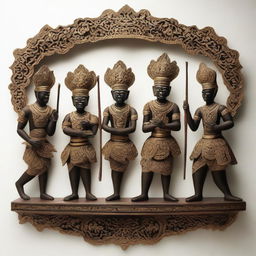 A striking wall decoration of the 'Pandawa Lima', the five Pandava brothers from Javanese 'wayang kulit' (shadow puppetry), showcasing its traditional craftsmanship and storytelling.