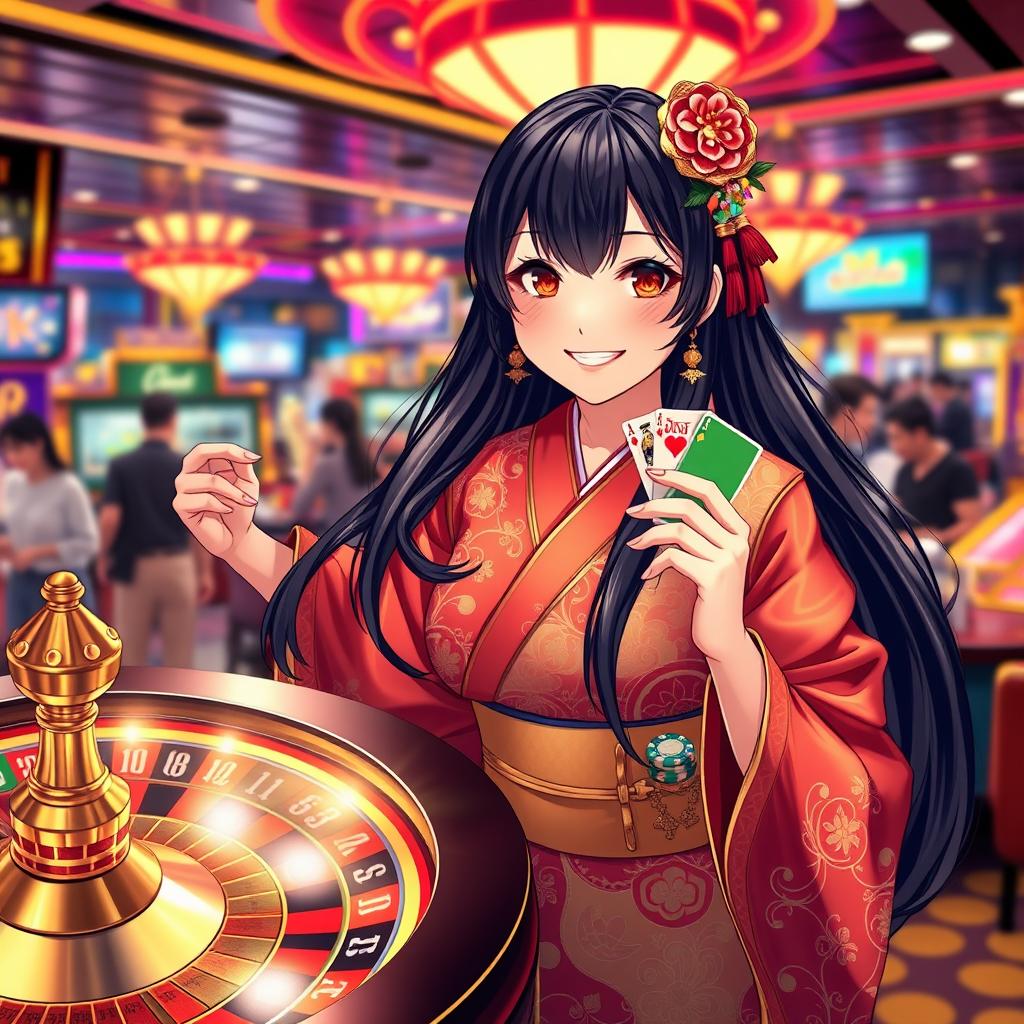 A vibrant and lively scene featuring a Japanese casino girl
