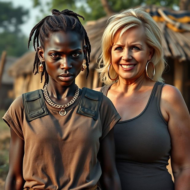 In an African village, a fierce-looking 20-year-old African woman, characterized by her very dark skin and malnourished appearance, stands with a penetrating gaze directed at the extraordinarily large breasts of a 60-year-old voluptuous blonde woman