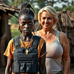 In an African village, a fierce-looking 20-year-old African woman, characterized by her very dark skin and malnourished appearance, stands with a penetrating gaze directed at the extraordinarily large breasts of a 60-year-old voluptuous blonde woman
