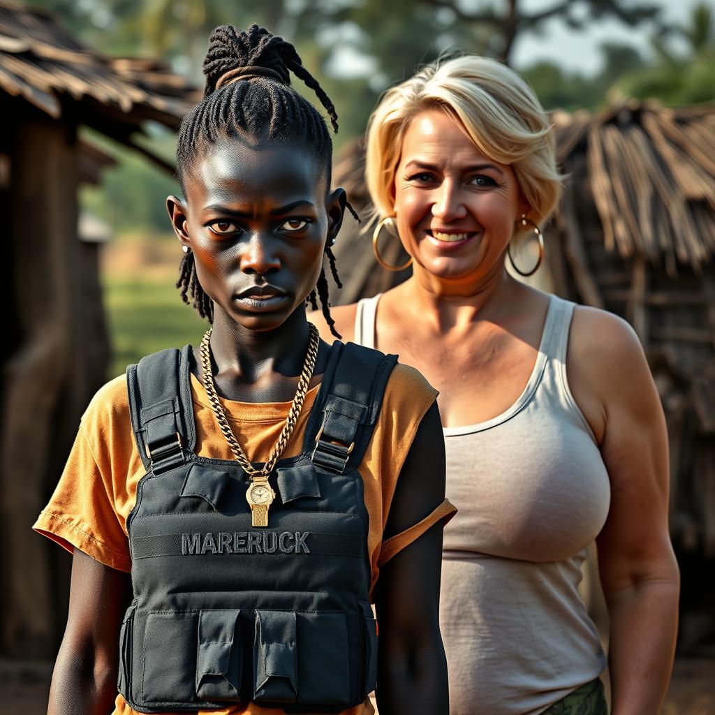In an African village, a fierce-looking 20-year-old African woman, characterized by her very dark skin and malnourished appearance, stands with a penetrating gaze directed at the extraordinarily large breasts of a 60-year-old voluptuous blonde woman