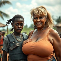 In an African village, a striking 20-year-old African woman with very dark skin, appearing malnourished and short in stature, stands out