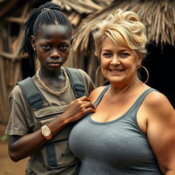 In an African village, a striking 20-year-old African woman with very dark skin, appearing malnourished and short in stature, stands out