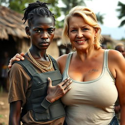 In an African village, a striking 20-year-old African woman with very dark skin, appearing malnourished and short in stature, stands out