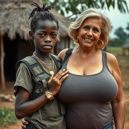 In an African village, a striking scene unfolds featuring a short 20-year-old African woman with very dark skin, appearing malnourished, and characterized by a fierce expression