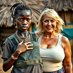 In an African village, a striking scene unfolds featuring a short 20-year-old African woman with very dark skin, appearing malnourished, and characterized by a fierce expression