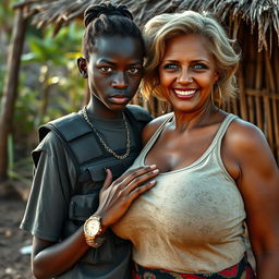 In an African village, a striking scene unfolds featuring a short 20-year-old African woman with very dark skin, appearing malnourished, and characterized by a fierce expression