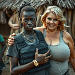 In an African village, a striking scene depicts a 20-year-old African woman with very dark skin, appearing malnourished and notably short, as she tightly grips the extraordinarily large breasts of a 60-year-old voluptuous blonde woman