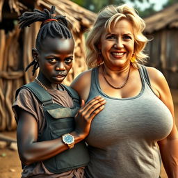 In an African village, a striking scene depicts a 20-year-old African woman with very dark skin, appearing malnourished and notably short, as she tightly grips the extraordinarily large breasts of a 60-year-old voluptuous blonde woman