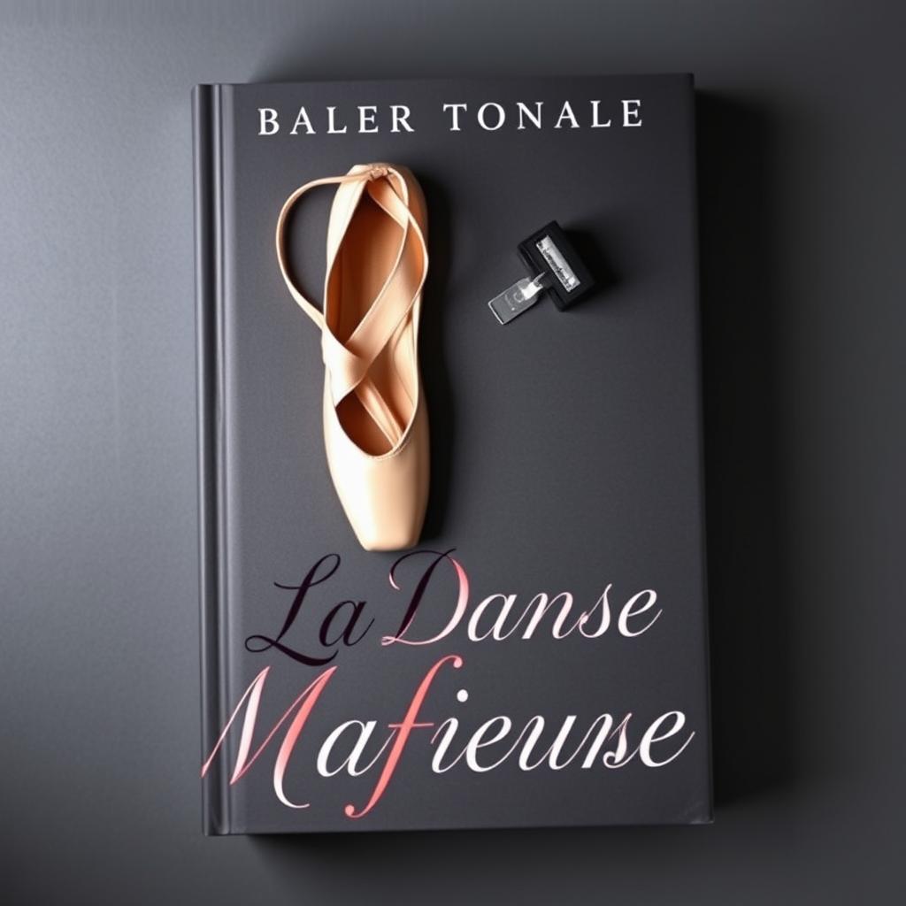 A dark romance book cover featuring a gray background with a pair of ballet pointe shoes and a pencil sharpener blade artistically arranged