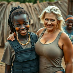 In an African village, a captivating scene features a 20-year-old African woman with very dark skin, appearing malnourished and notably short, showcasing a mischievous smile despite her surroundings