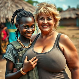 In an African village, a captivating scene features a 20-year-old African woman with very dark skin, appearing malnourished and notably short, showcasing a mischievous smile despite her surroundings
