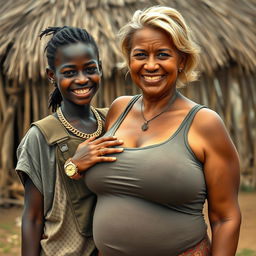 In an African village, a captivating scene features a 20-year-old African woman with very dark skin, appearing malnourished and notably short, showcasing a mischievous smile despite her surroundings