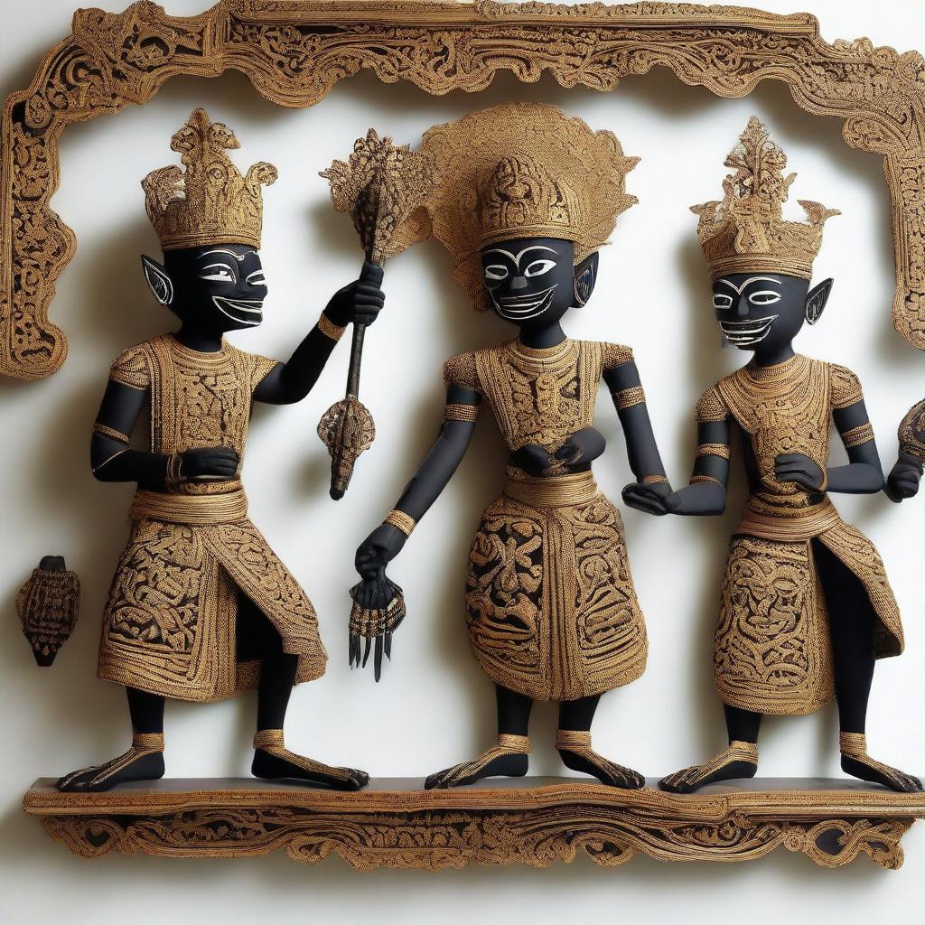 A striking wall decoration of the 'Pandawa Lima', the five Pandava brothers from Javanese 'wayang kulit' (shadow puppetry), showcasing its traditional craftsmanship and storytelling.